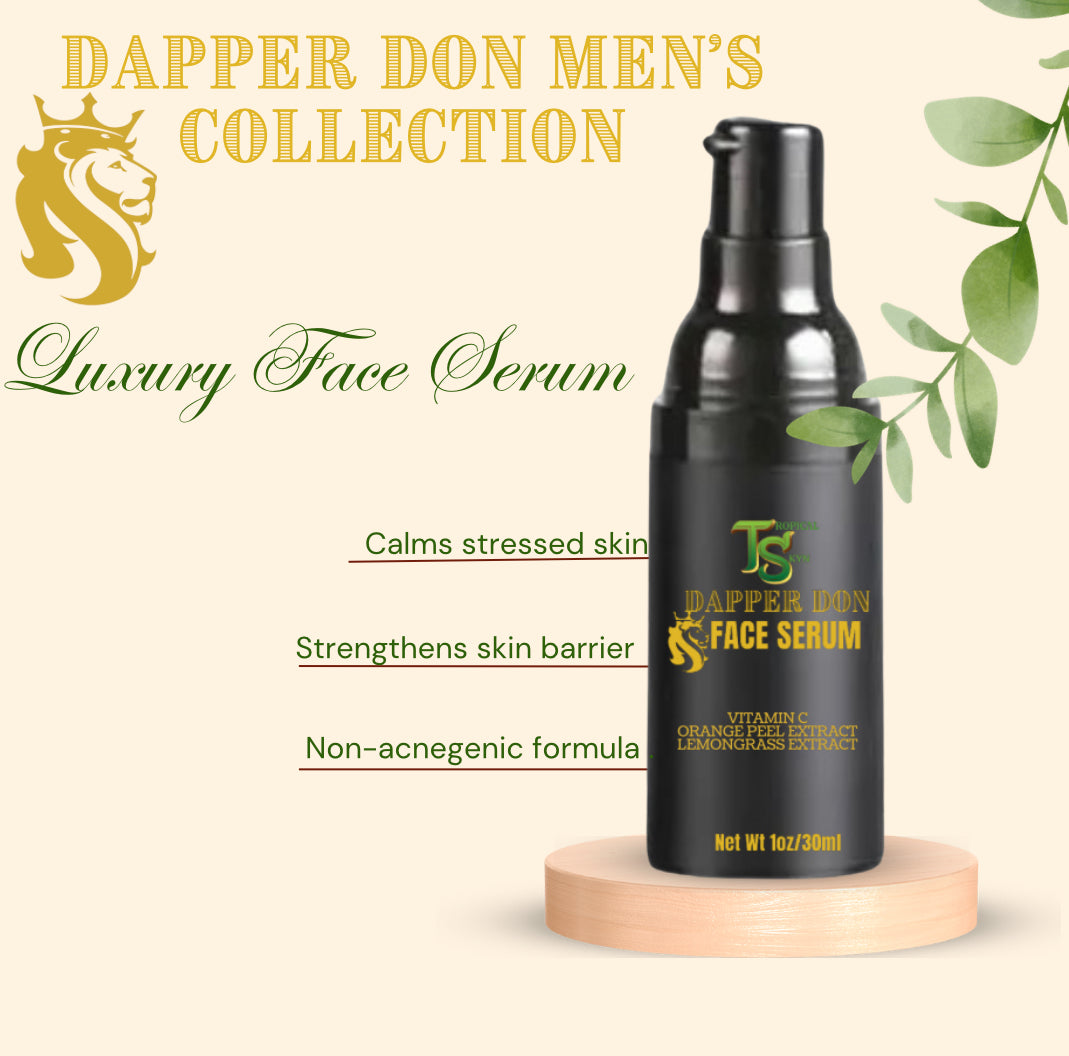 Dapper Don Face Serum, a specialized anti-wrinkle treatment designed for men. Infused with potent Vitamin C  that enhances radiance and visibly reduces fine lines, wrinkles, and pores, resulting in smoother-looking skin.